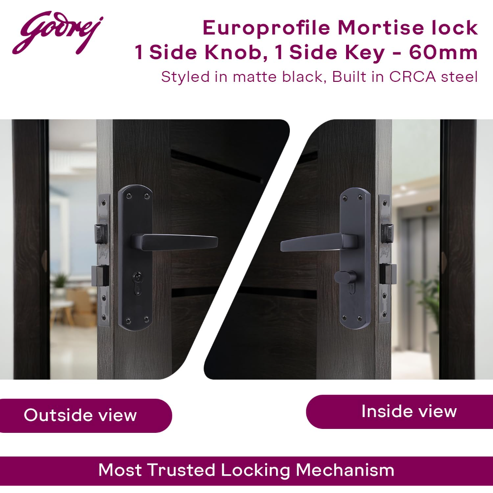 Godrej Mortise Lock I EuroProfile 60mm Cylinder | Double Throw Deadbolt | Common Keys | Reversible Latch | Matte Black Finish | Anti-Corrosion Brass Body | 5 Year Warranty